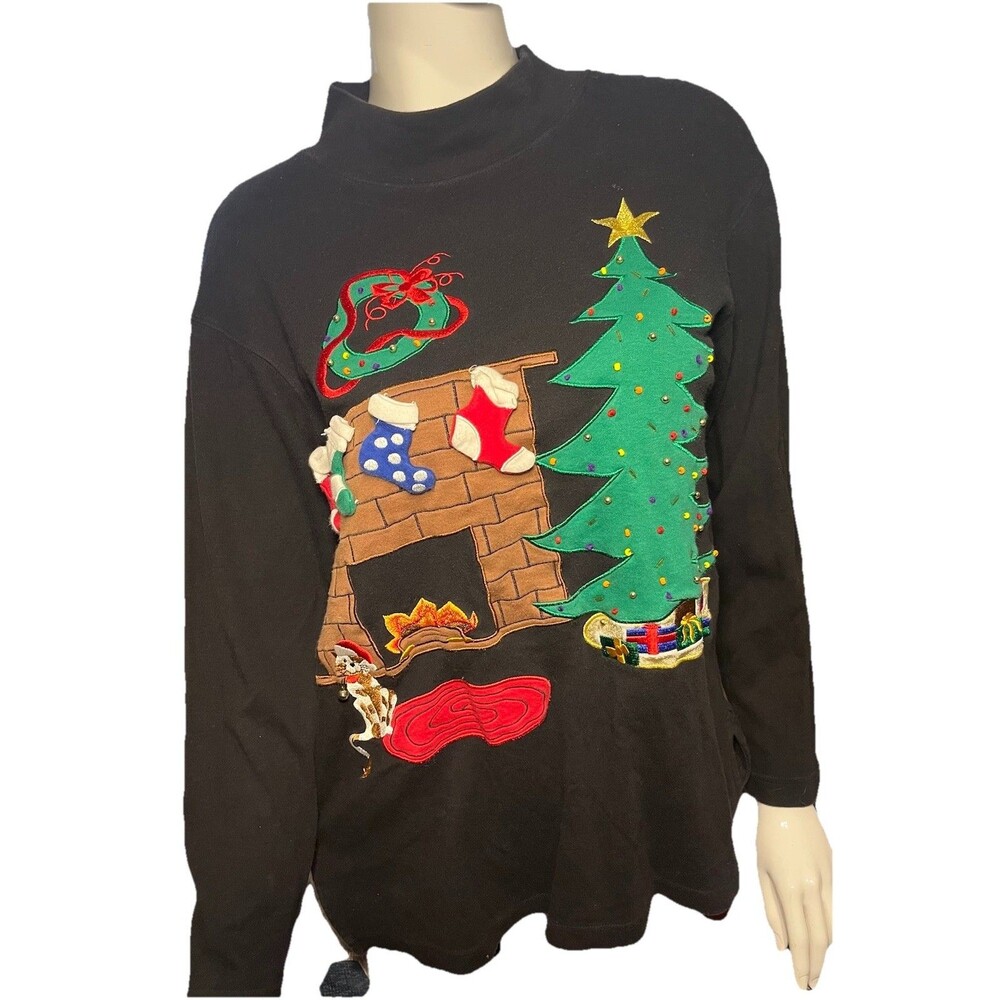 Vintage Bechamel Embroidered 3D Ugly Christmas Sweater Shirt Cat by Fire Size S - Picture 3 of 12